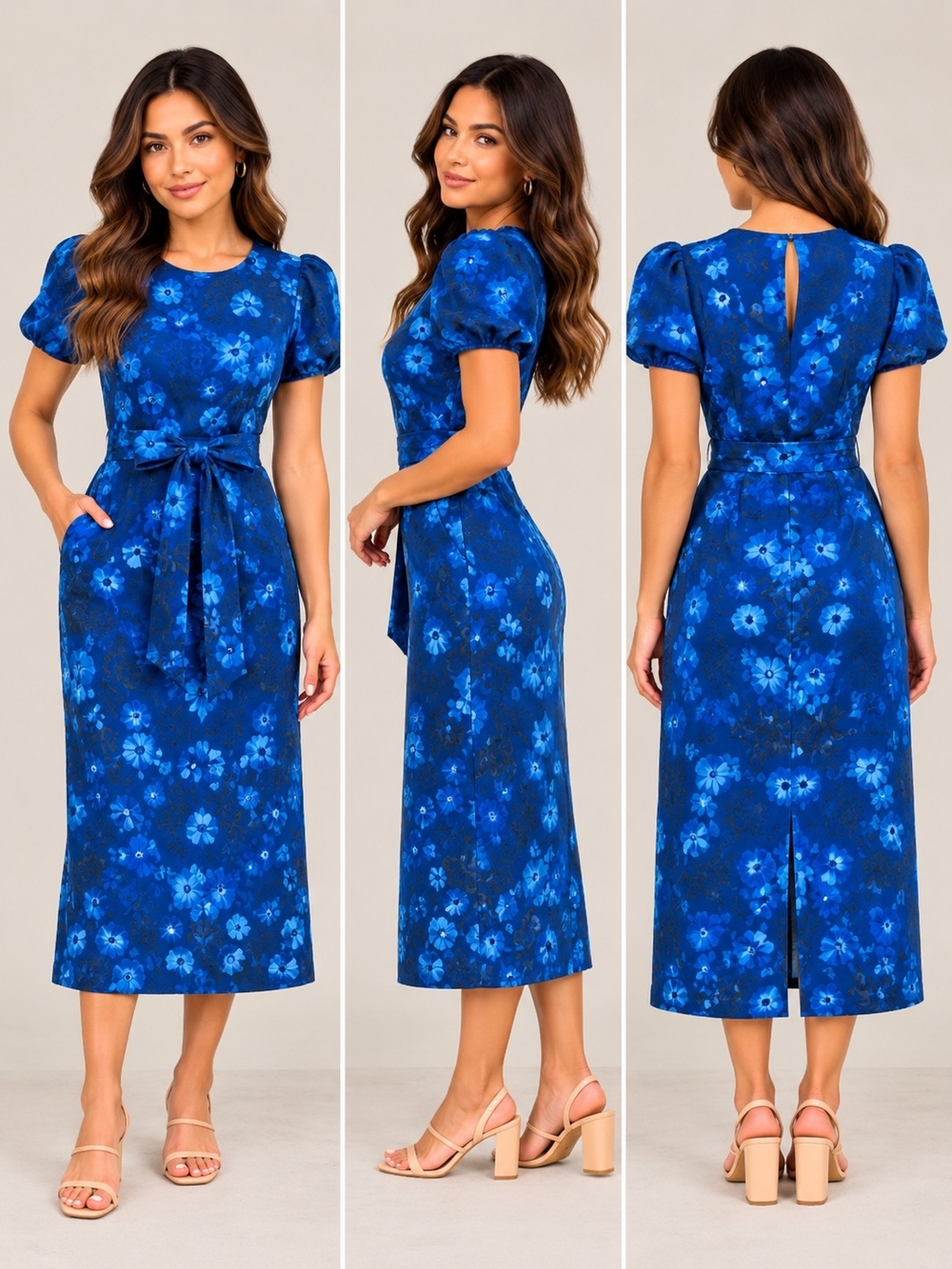 Sugarlips Royal Blue Floral Midi Dress with Tie Waist